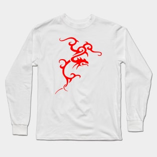 Minimalistic Japanese Tribal Style Dragon In Red Long Sleeve T-Shirt